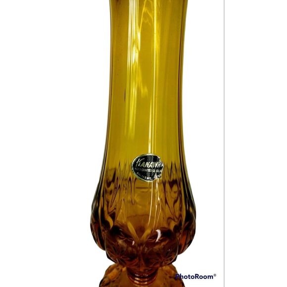 Vintage MCM Amber Celestial Stars Moon Stretch Swung Slag Kanawha Pedestal Vase - Picture 7 of 8